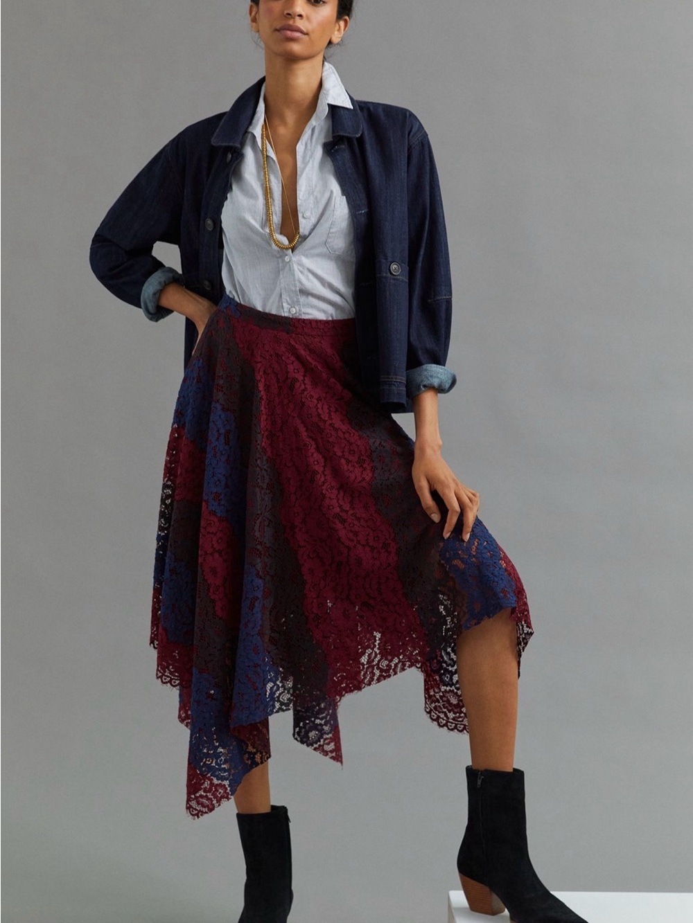 Sachin + Babi Burgundy and Navy Asymmetrical Lace Skirt Anthropologie